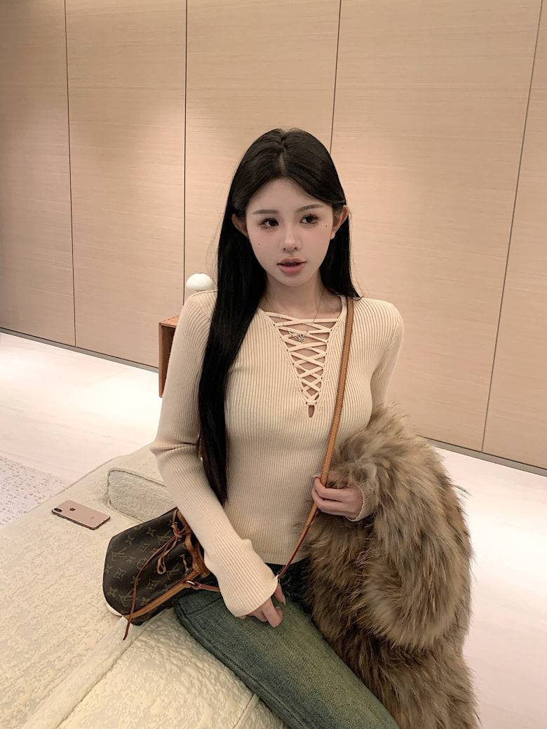 tie-front knit top, sexy slim fit spring sweater, sweet girl long sleeve knitwear, OOTDAY knit pullover, stylish acetate knit top