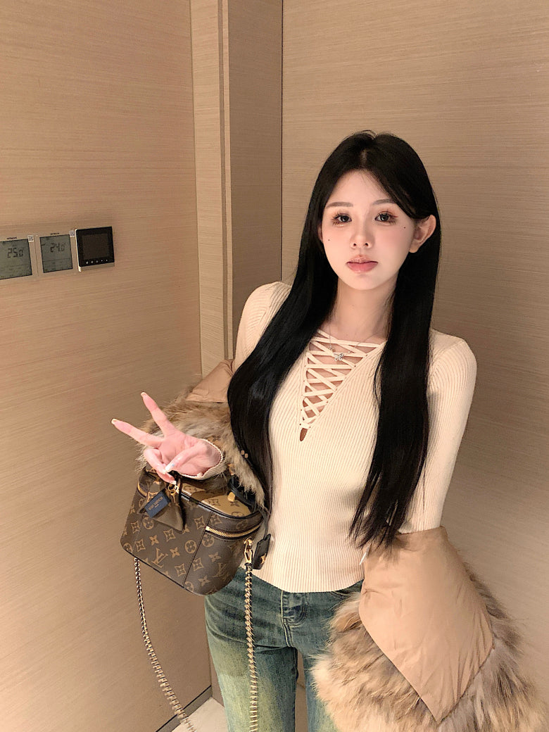 tie-front knit top, sexy slim fit spring sweater, sweet girl long sleeve knitwear, OOTDAY knit pullover, stylish acetate knit top