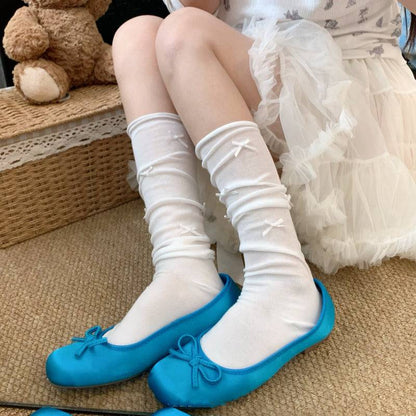ballet style bow socks, sweet ruched socks for girls, leg shaping mid-calf socks, OOTDAY feminine socks set, 3 pack summer socks
