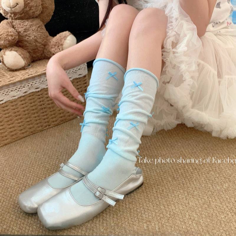 ballet style bow socks, sweet ruched socks for girls, leg shaping mid-calf socks, OOTDAY feminine socks set, 3 pack summer socks