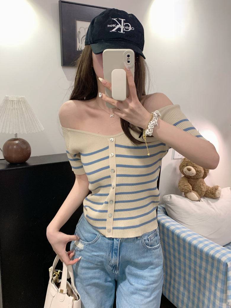 striped v-neck knit tee, button up short sleeve top, sweet cropped summer shirt, OOTDAY striped knitwear, slim-fit cute tee for girls