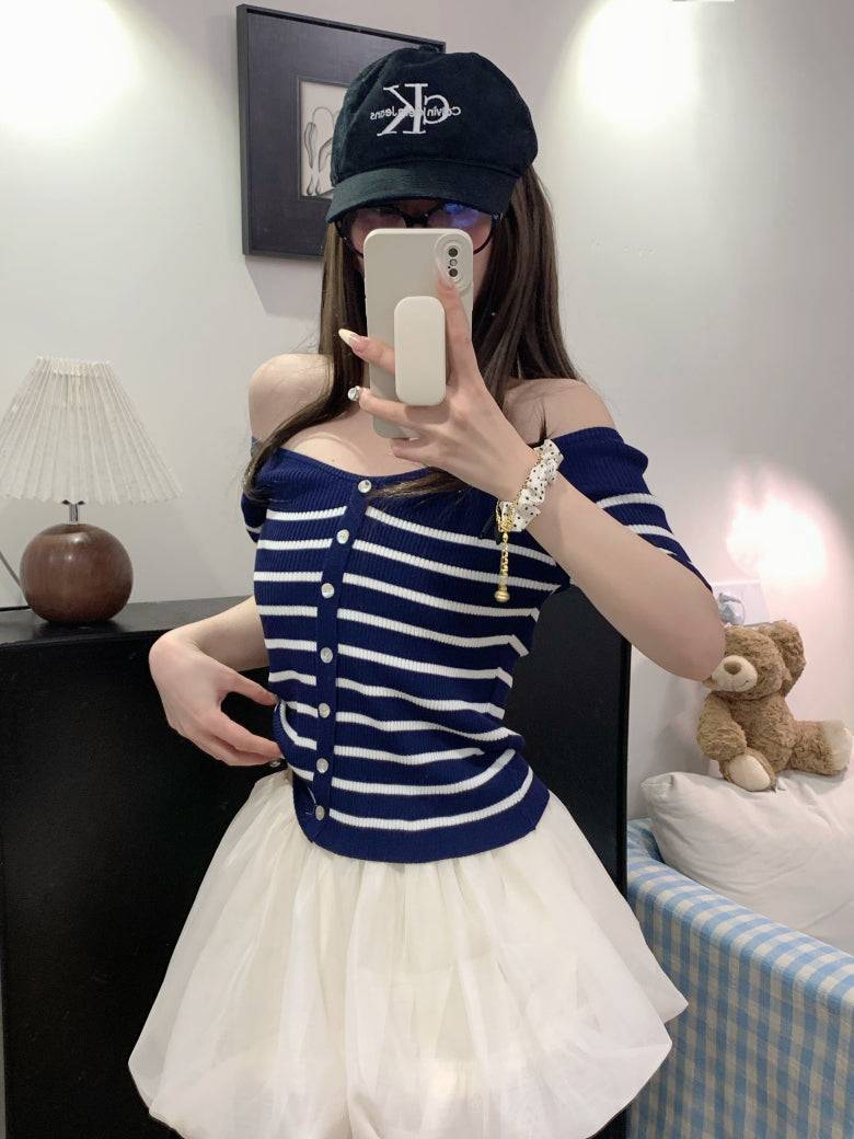 striped v-neck knit tee, button up short sleeve top, sweet cropped summer shirt, OOTDAY striped knitwear, slim-fit cute tee for girls