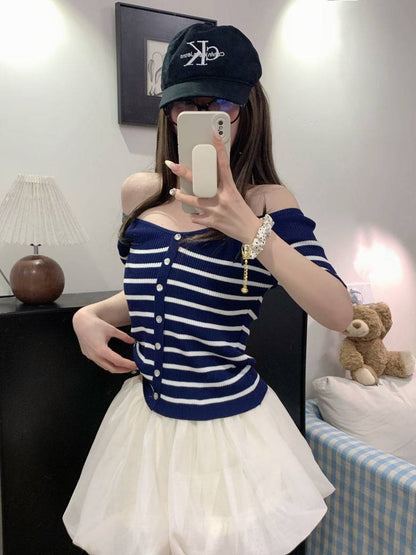 striped v-neck knit tee, button up short sleeve top, sweet cropped summer shirt, OOTDAY striped knitwear, slim-fit cute tee for girls