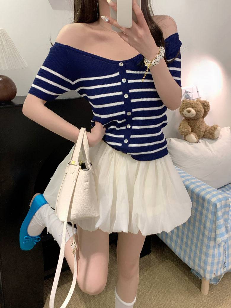 striped v-neck knit tee, button up short sleeve top, sweet cropped summer shirt, OOTDAY striped knitwear, slim-fit cute tee for girls