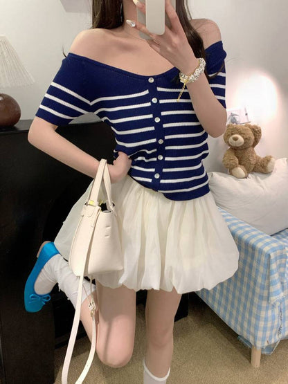 striped v-neck knit tee, button up short sleeve top, sweet cropped summer shirt, OOTDAY striped knitwear, slim-fit cute tee for girls