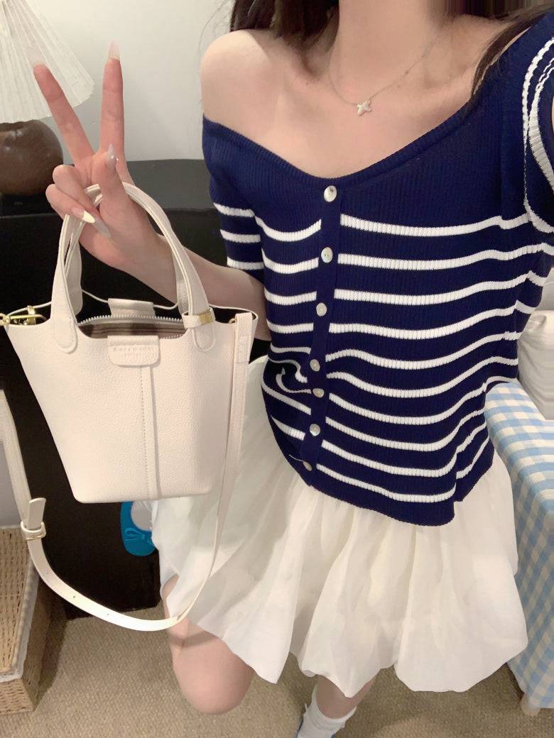 striped v-neck knit tee, button up short sleeve top, sweet cropped summer shirt, OOTDAY striped knitwear, slim-fit cute tee for girls