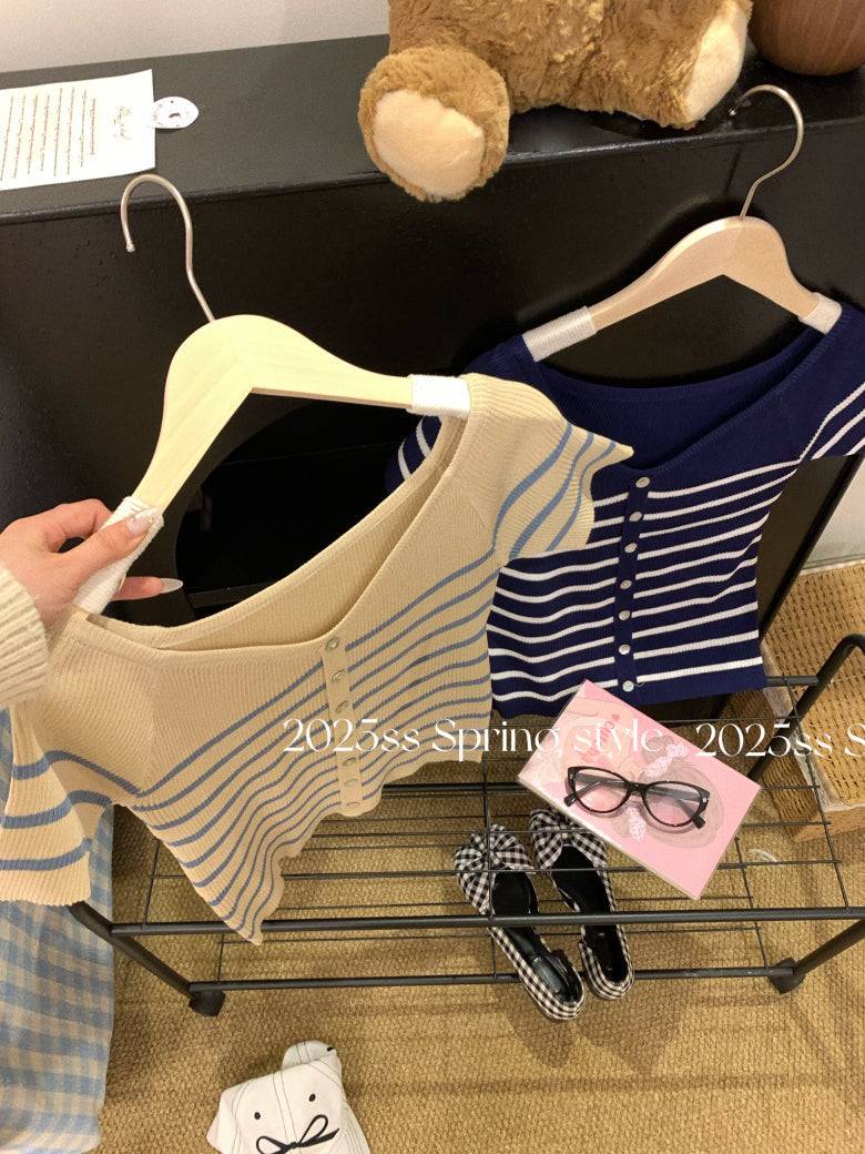 striped v-neck knit tee, button up short sleeve top, sweet cropped summer shirt, OOTDAY striped knitwear, slim-fit cute tee for girls