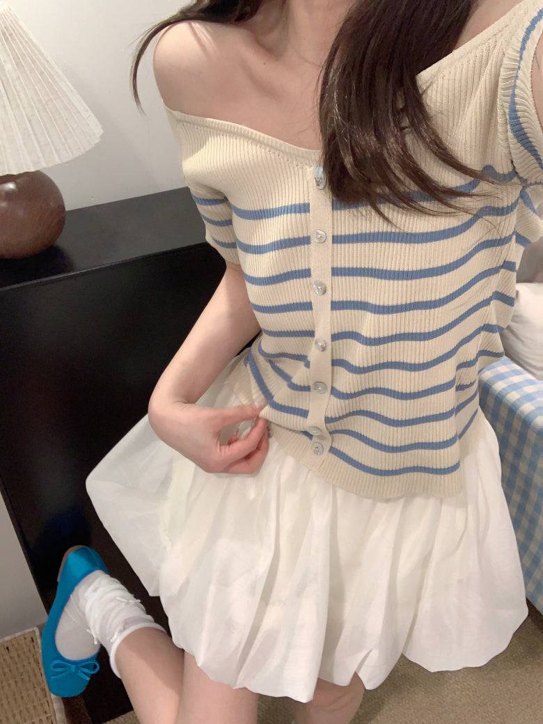 striped v-neck knit tee, button up short sleeve top, sweet cropped summer shirt, OOTDAY striped knitwear, slim-fit cute tee for girls