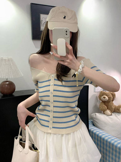 striped v-neck knit tee, button up short sleeve top, sweet cropped summer shirt, OOTDAY striped knitwear, slim-fit cute tee for girls