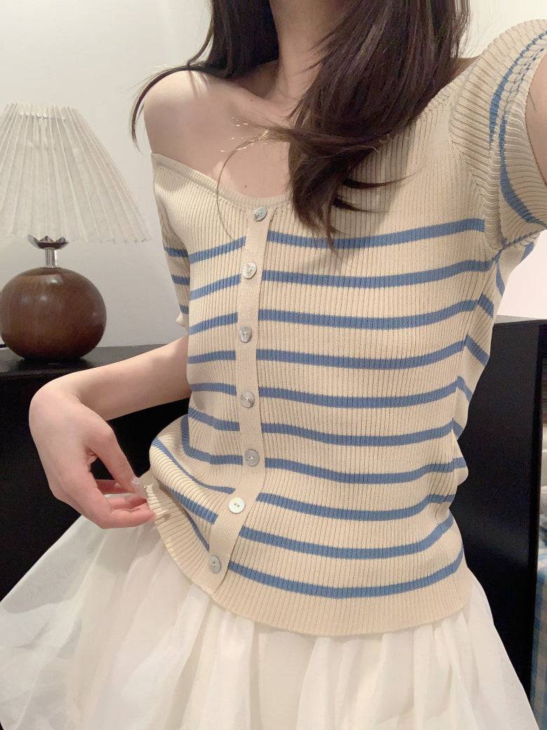 striped v-neck knit tee, button up short sleeve top, sweet cropped summer shirt, OOTDAY striped knitwear, slim-fit cute tee for girls