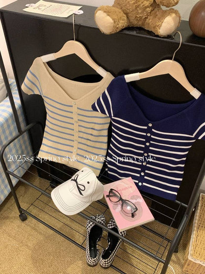 striped v-neck knit tee, button up short sleeve top, sweet cropped summer shirt, OOTDAY striped knitwear, slim-fit cute tee for girls