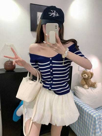 striped v-neck knit tee, button up short sleeve top, sweet cropped summer shirt, OOTDAY striped knitwear, slim-fit cute tee for girls