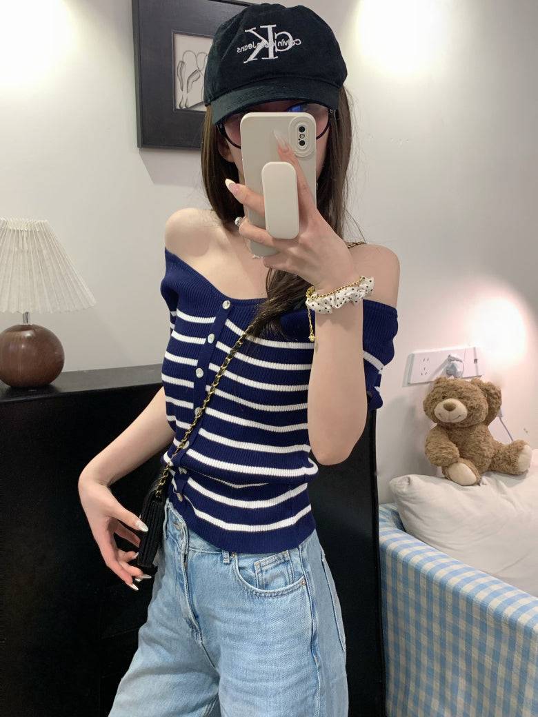 striped v-neck knit tee, button up short sleeve top, sweet cropped summer shirt, OOTDAY striped knitwear, slim-fit cute tee for girls