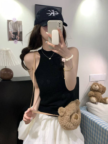 halter knit tank top for women, sexy backless camisole, Korean slim fit halter top, OOTDAY summer knitwear, pure desire style tank
