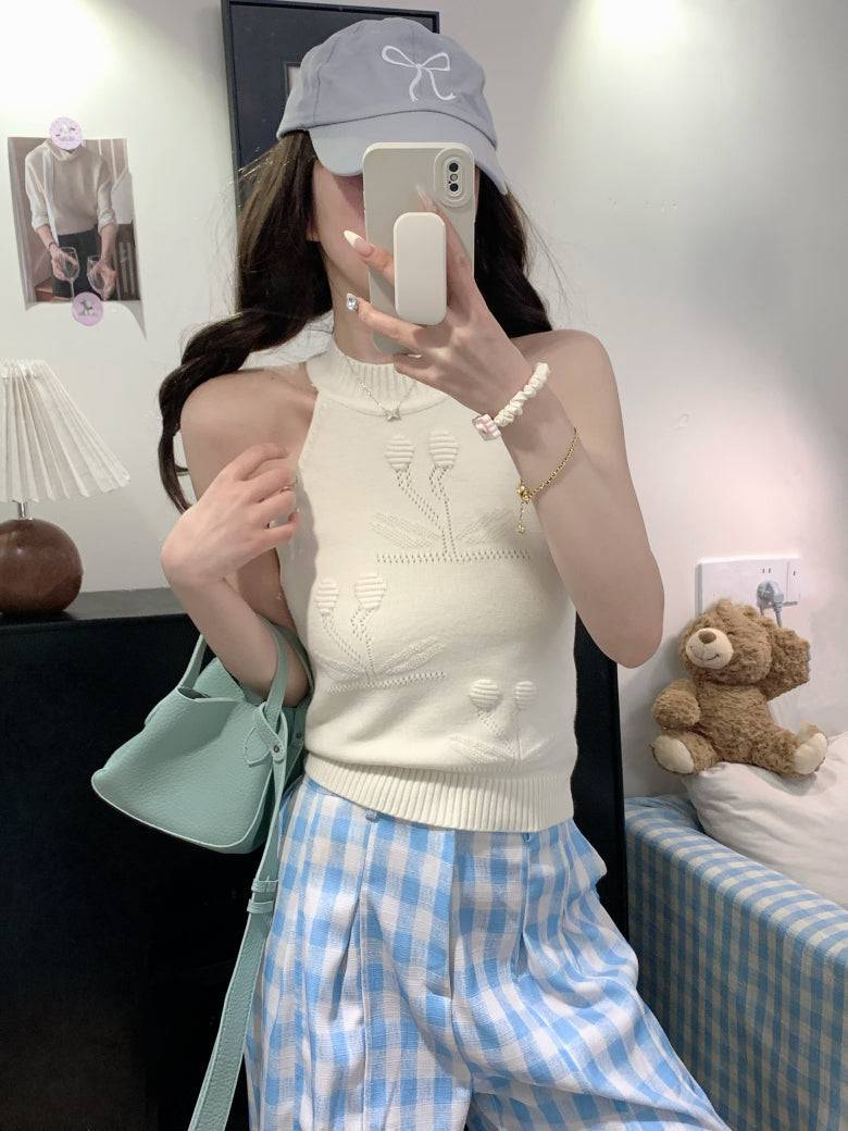 halter knit tank top for women, sexy backless camisole, Korean slim fit halter top, OOTDAY summer knitwear, pure desire style tank