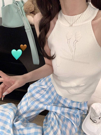 halter knit tank top for women, sexy backless camisole, Korean slim fit halter top, OOTDAY summer knitwear, pure desire style tank