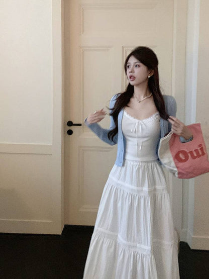 Korean knit camisole cardigan and maxi skirt set, 3-piece summer outfit for women, sweet halter knit top with flowy skirt, OOTDAY summer fashion set