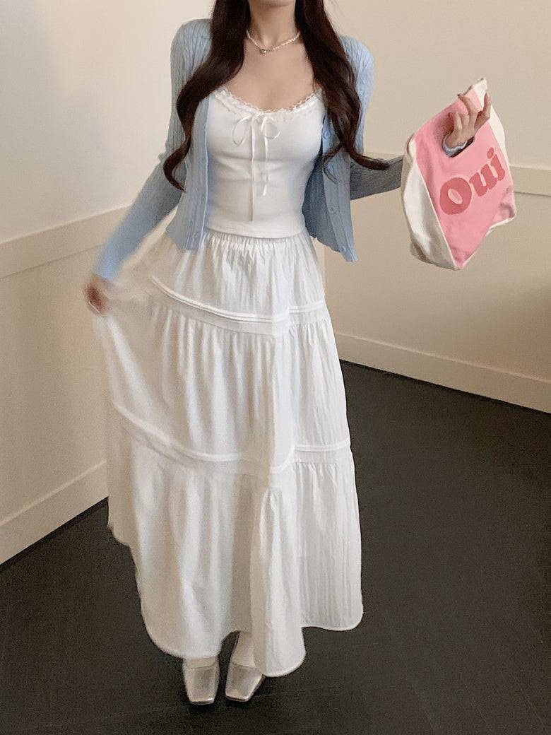 Korean knit camisole cardigan and maxi skirt set, 3-piece summer outfit for women, sweet halter knit top with flowy skirt, OOTDAY summer fashion set