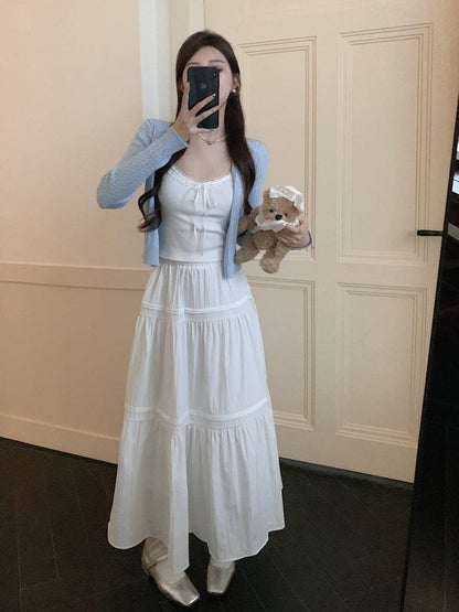 Korean knit camisole cardigan and maxi skirt set, 3-piece summer outfit for women, sweet halter knit top with flowy skirt, OOTDAY summer fashion set