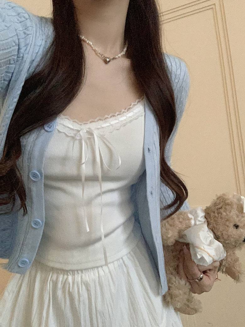 Korean knit camisole cardigan and maxi skirt set, 3-piece summer outfit for women, sweet halter knit top with flowy skirt, OOTDAY summer fashion set