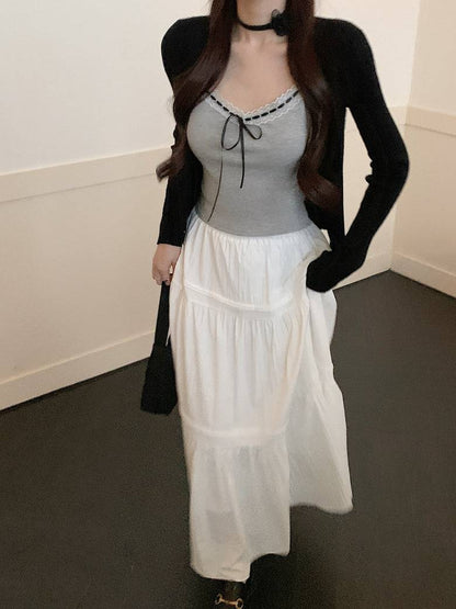 Korean knit camisole cardigan and maxi skirt set, 3-piece summer outfit for women, sweet halter knit top with flowy skirt, OOTDAY summer fashion set