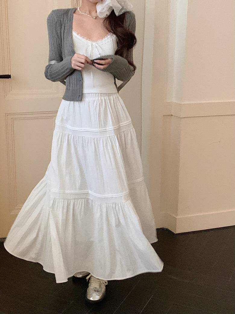 Korean knit camisole cardigan and maxi skirt set, 3-piece summer outfit for women, sweet halter knit top with flowy skirt, OOTDAY summer fashion set