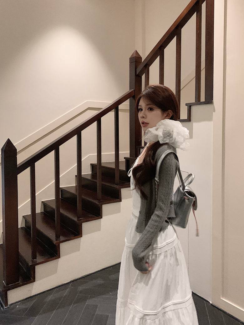 Korean knit camisole cardigan and maxi skirt set, 3-piece summer outfit for women, sweet halter knit top with flowy skirt, OOTDAY summer fashion set