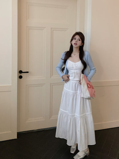 Korean knit camisole cardigan and maxi skirt set, 3-piece summer outfit for women, sweet halter knit top with flowy skirt, OOTDAY summer fashion set