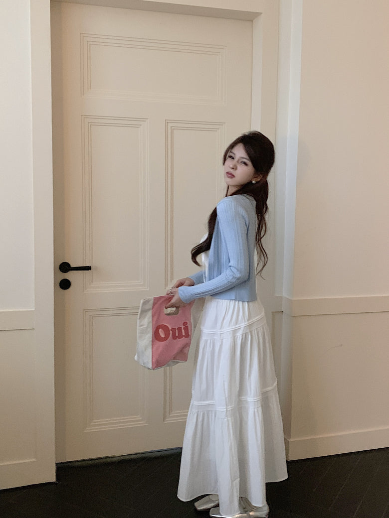 Korean knit camisole cardigan and maxi skirt set, 3-piece summer outfit for women, sweet halter knit top with flowy skirt, OOTDAY summer fashion set