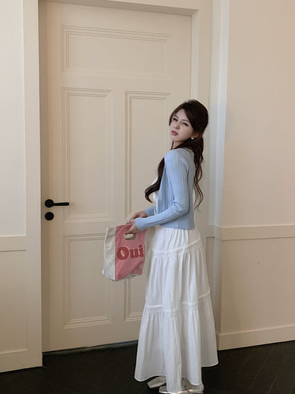 Korean knit camisole cardigan and maxi skirt set, 3-piece summer outfit for women, sweet halter knit top with flowy skirt, OOTDAY summer fashion set