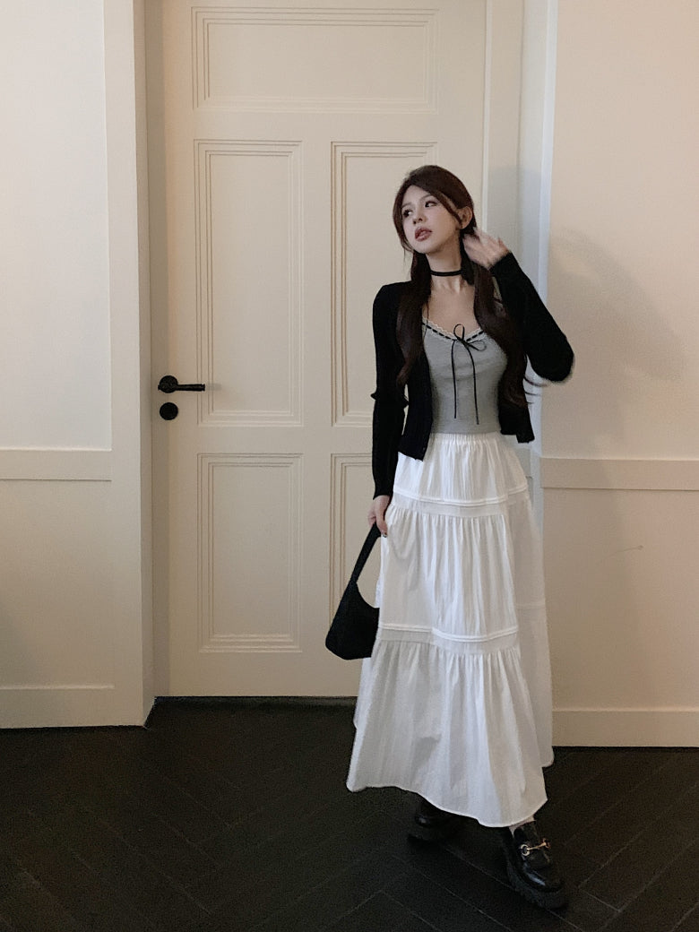 Korean knit camisole cardigan and maxi skirt set, 3-piece summer outfit for women, sweet halter knit top with flowy skirt, OOTDAY summer fashion set