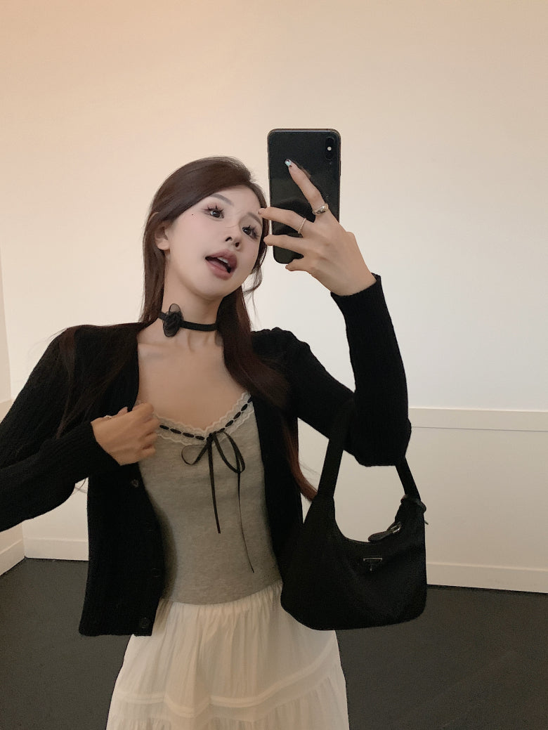 Korean knit camisole cardigan and maxi skirt set, 3-piece summer outfit for women, sweet halter knit top with flowy skirt, OOTDAY summer fashion set