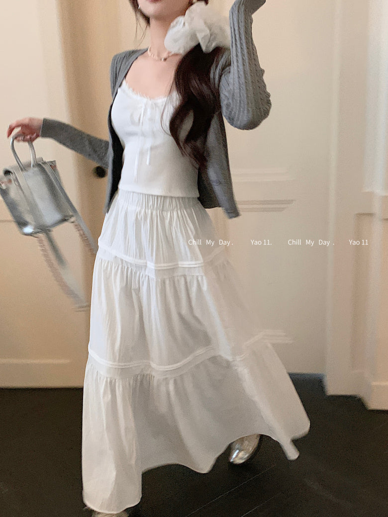 Korean knit camisole cardigan and maxi skirt set, 3-piece summer outfit for women, sweet halter knit top with flowy skirt, OOTDAY summer fashion set