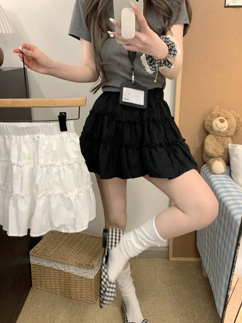 OOTDAY layered mini skirt, high-waisted tiered skirt, French sweet girl skirt, white summer ruffle skirt, Japanese style A-line cake skirt