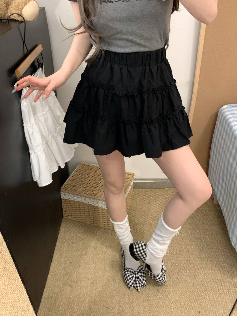 OOTDAY layered mini skirt, high-waisted tiered skirt, French sweet girl skirt, white summer ruffle skirt, Japanese style A-line cake skirt