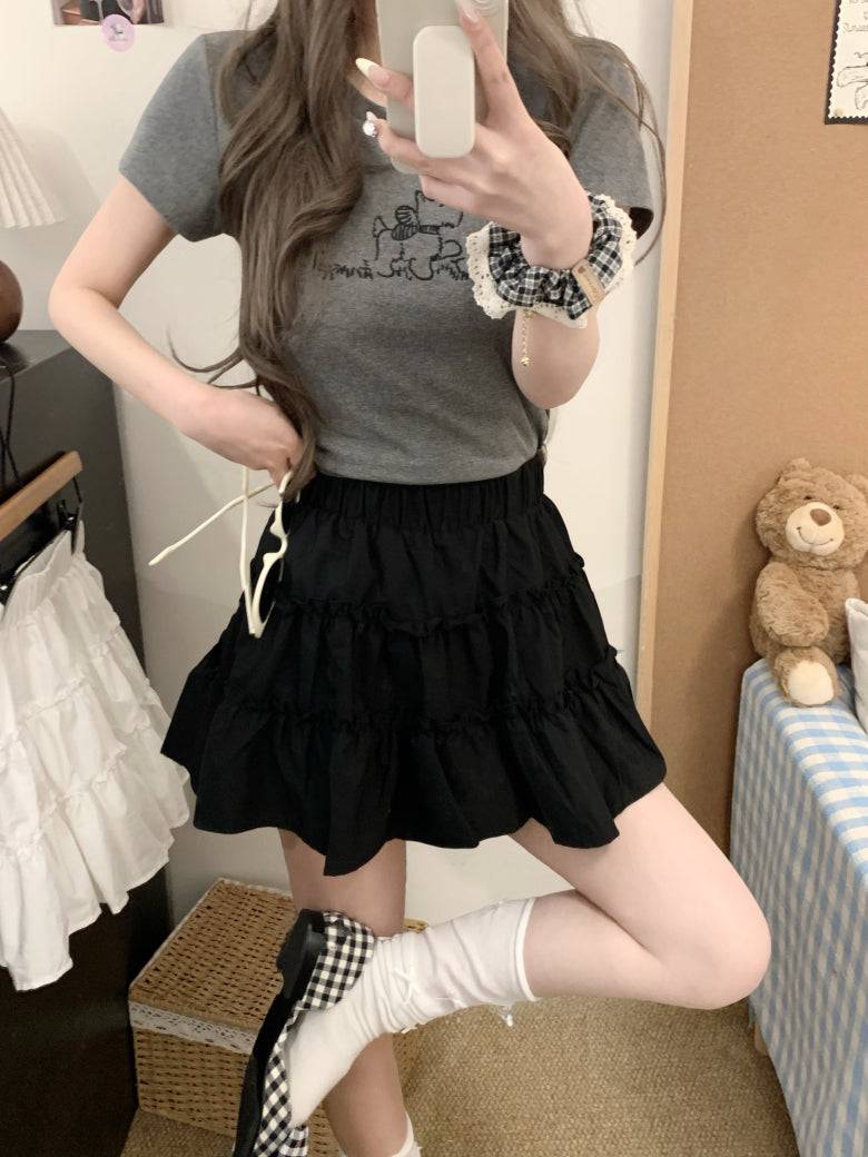 OOTDAY layered mini skirt, high-waisted tiered skirt, French sweet girl skirt, white summer ruffle skirt, Japanese style A-line cake skirt