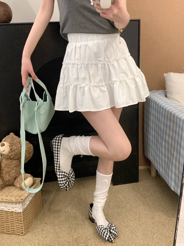 OOTDAY layered mini skirt, high-waisted tiered skirt, French sweet girl skirt, white summer ruffle skirt, Japanese style A-line cake skirt