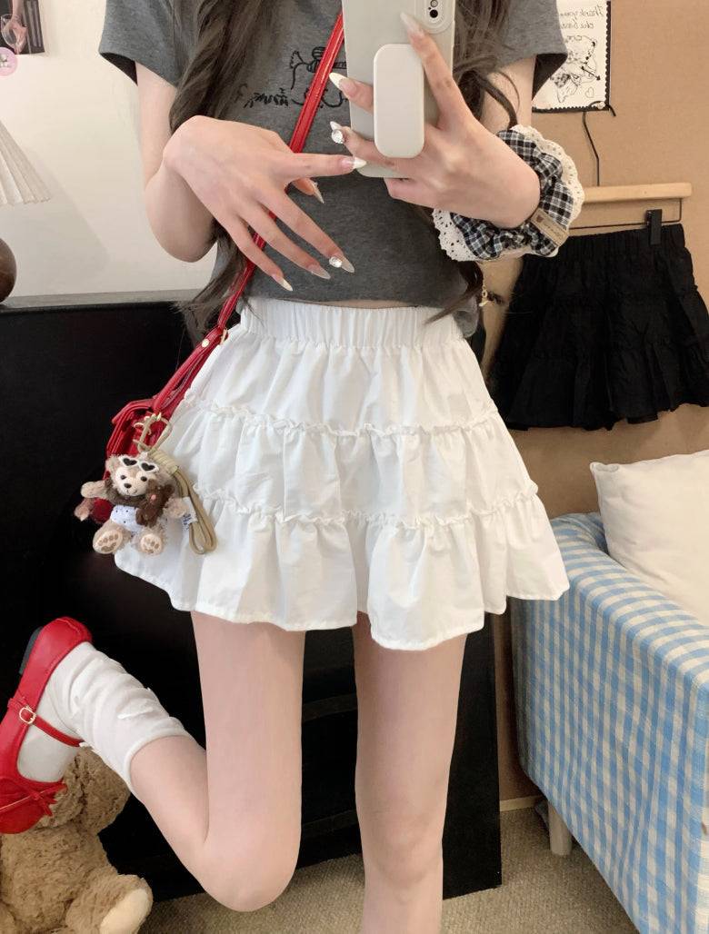 OOTDAY layered mini skirt, high-waisted tiered skirt, French sweet girl skirt, white summer ruffle skirt, Japanese style A-line cake skirt