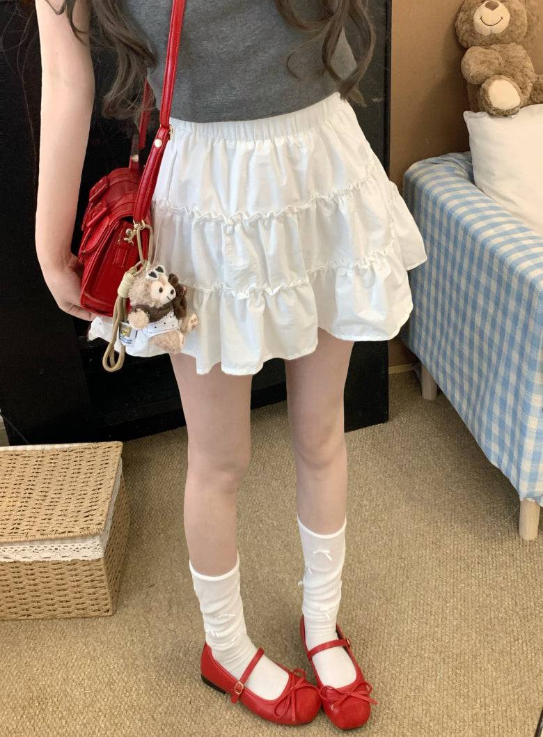 OOTDAY layered mini skirt, high-waisted tiered skirt, French sweet girl skirt, white summer ruffle skirt, Japanese style A-line cake skirt