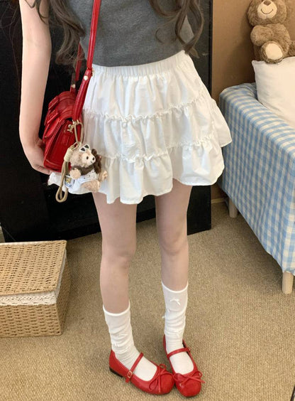 OOTDAY layered mini skirt, high-waisted tiered skirt, French sweet girl skirt, white summer ruffle skirt, Japanese style A-line cake skirt