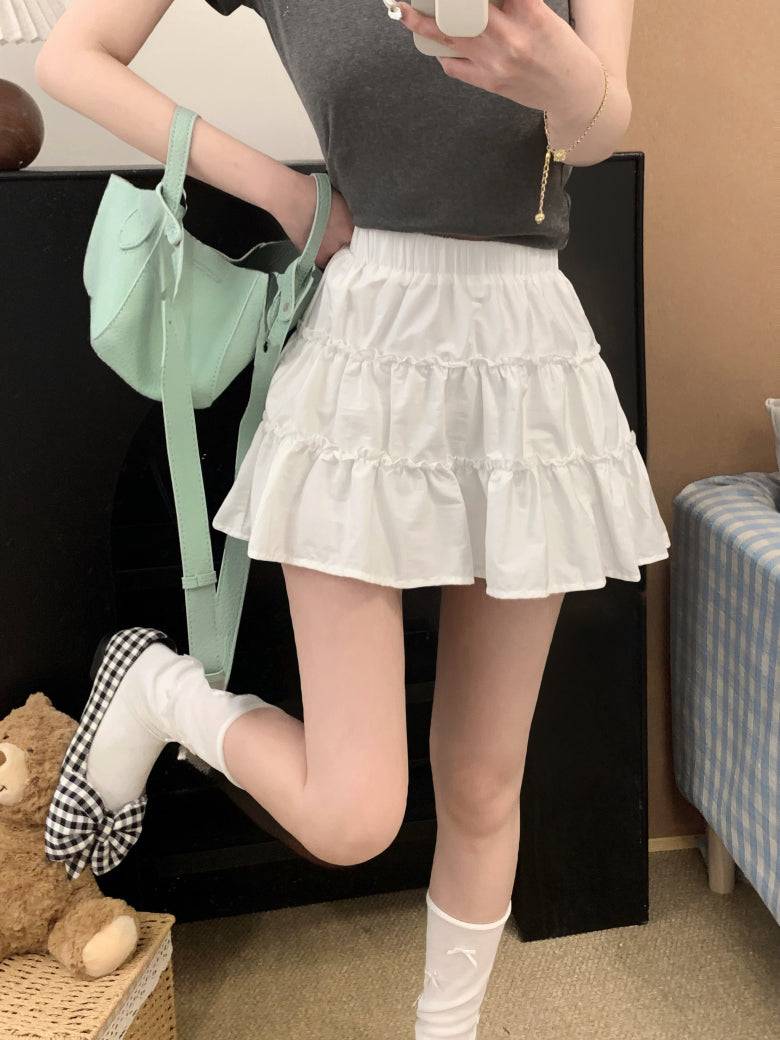OOTDAY layered mini skirt, high-waisted tiered skirt, French sweet girl skirt, white summer ruffle skirt, Japanese style A-line cake skirt