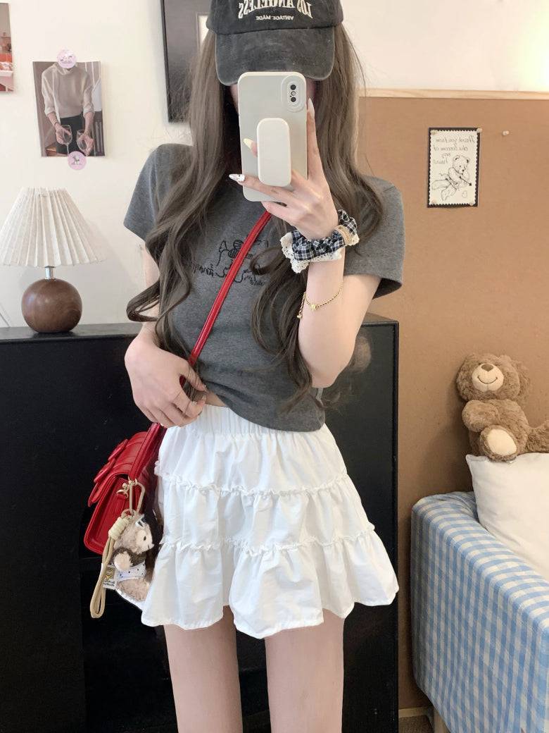 OOTDAY layered mini skirt, high-waisted tiered skirt, French sweet girl skirt, white summer ruffle skirt, Japanese style A-line cake skirt