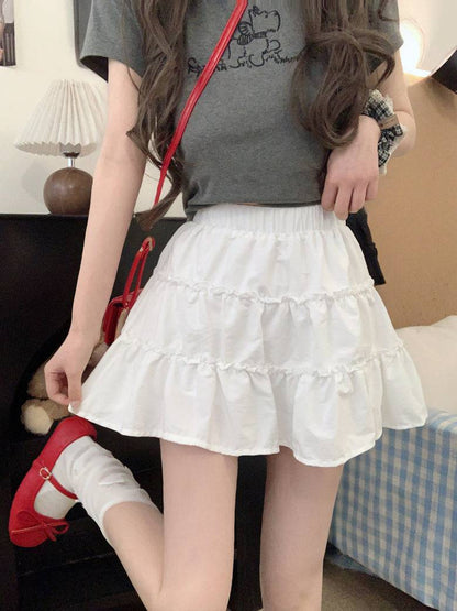 OOTDAY layered mini skirt, high-waisted tiered skirt, French sweet girl skirt, white summer ruffle skirt, Japanese style A-line cake skirt