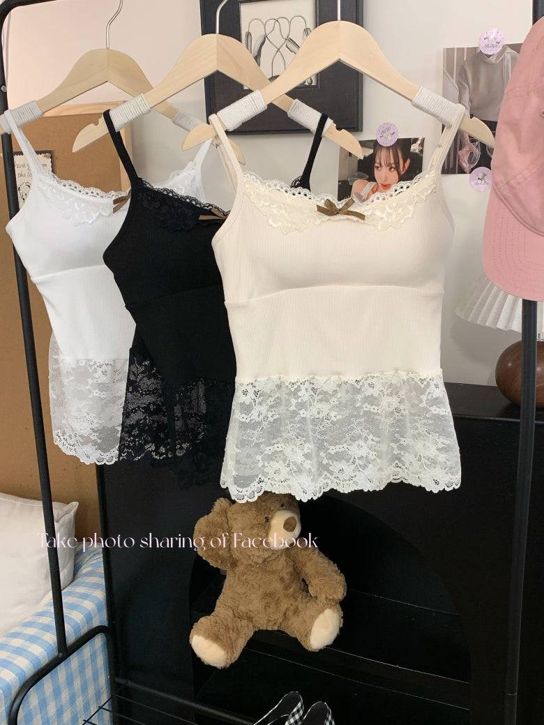 OOTDAY lace camisole with bra pads, sweet sultry tank top, white lace trim vest for girls, built-in bra summer layering piece, Korean sweet girl camisole