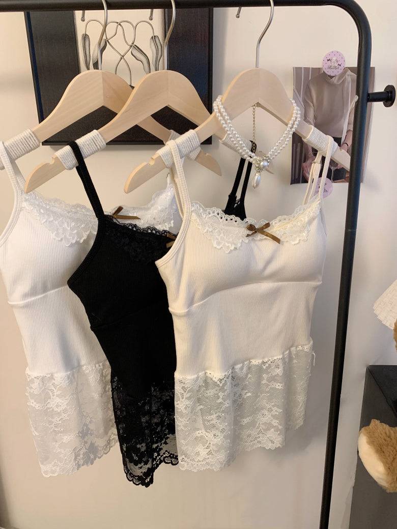 OOTDAY lace camisole with bra pads, sweet sultry tank top, white lace trim vest for girls, built-in bra summer layering piece, Korean sweet girl camisole