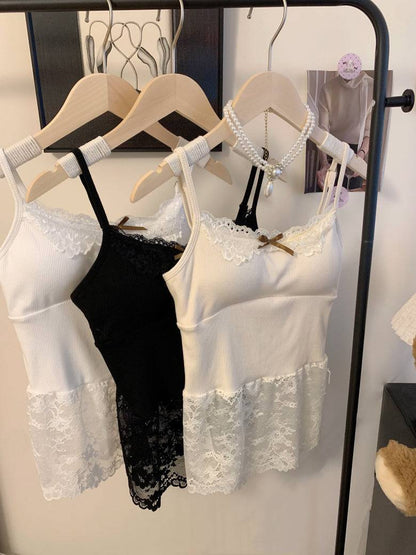 OOTDAY lace camisole with bra pads, sweet sultry tank top, white lace trim vest for girls, built-in bra summer layering piece, Korean sweet girl camisole