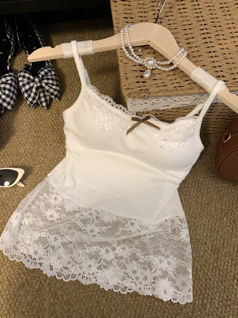 OOTDAY lace camisole with bra pads, sweet sultry tank top, white lace trim vest for girls, built-in bra summer layering piece, Korean sweet girl camisole