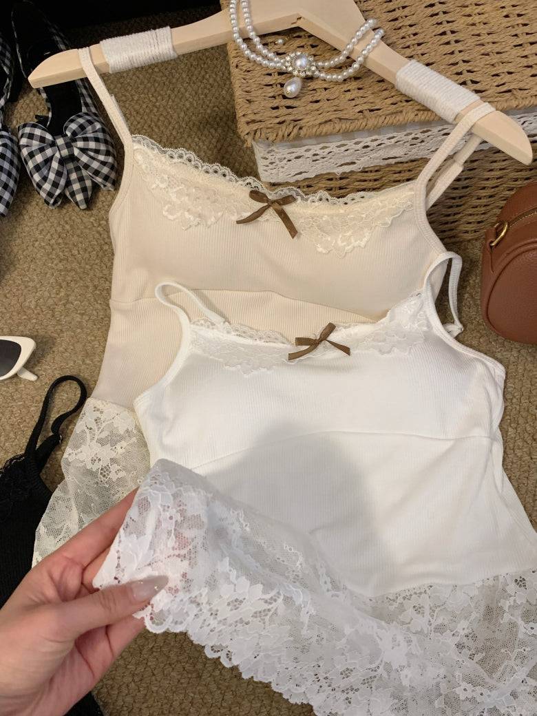 OOTDAY lace camisole with bra pads, sweet sultry tank top, white lace trim vest for girls, built-in bra summer layering piece, Korean sweet girl camisole