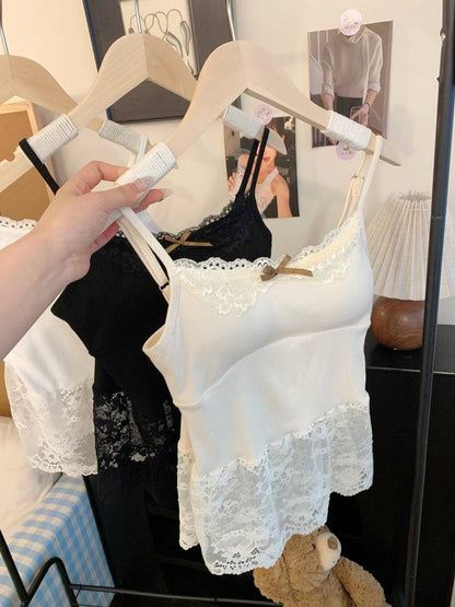 OOTDAY lace camisole with bra pads, sweet sultry tank top, white lace trim vest for girls, built-in bra summer layering piece, Korean sweet girl camisole