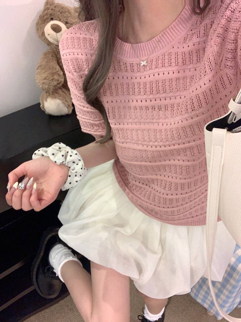 OOTDAY sweet knit summer top, hollow-out button detail tee, pink lace knit blouse for girls, slim fit acetate knit shirt, Korean soft girl summer outfit